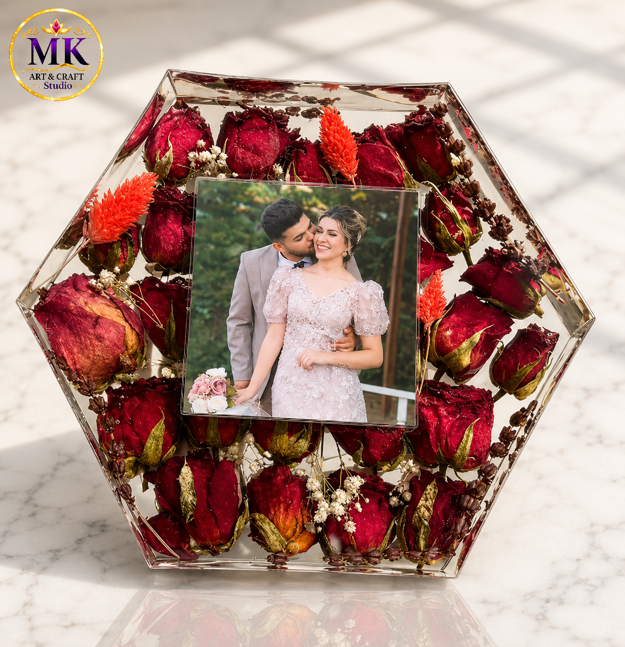 Crimson Rose Hexagon Wedding Photo Resin Block