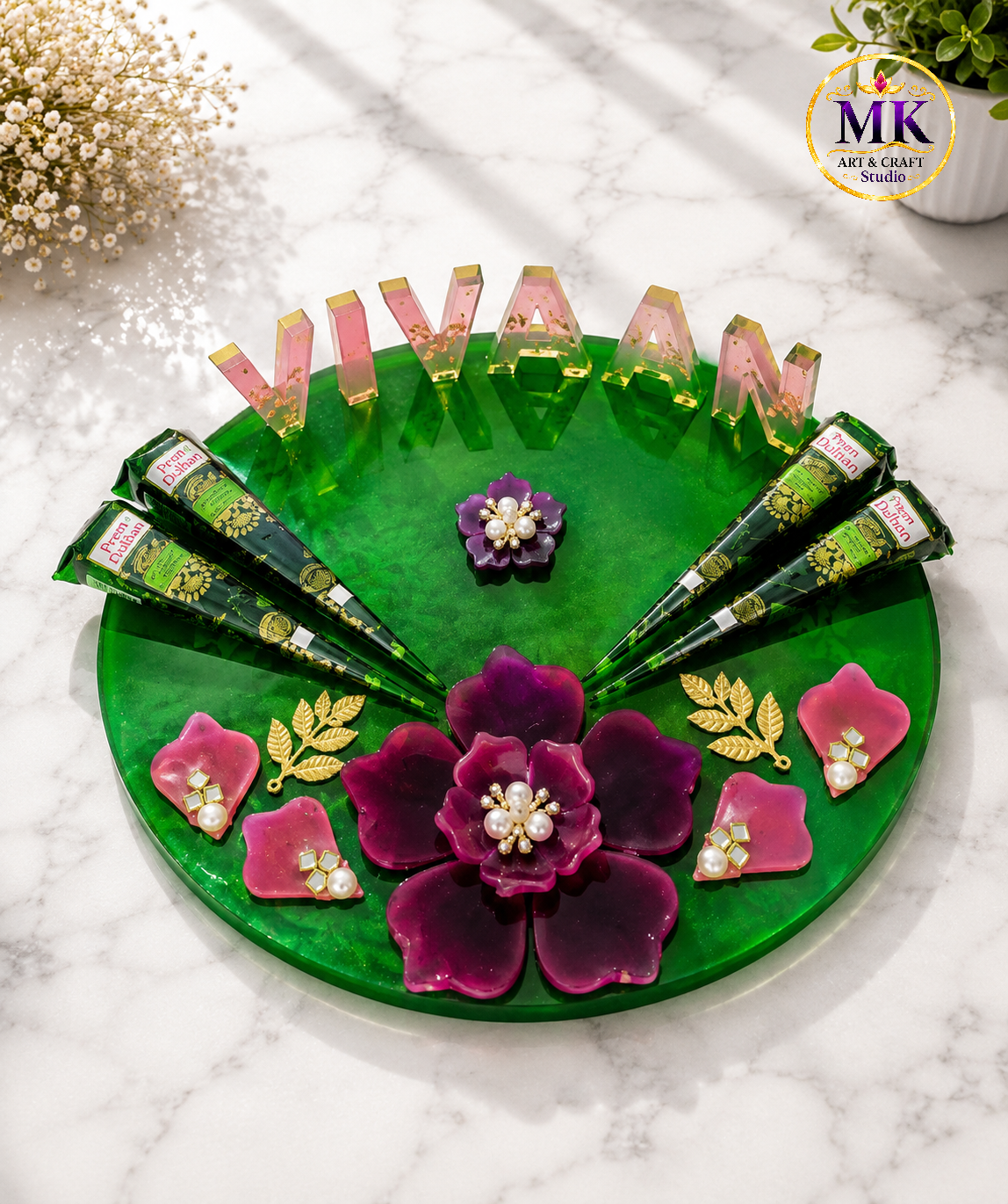 Personalized Emerald & Magenta Floral Mehndi Ceremony Resin Platter