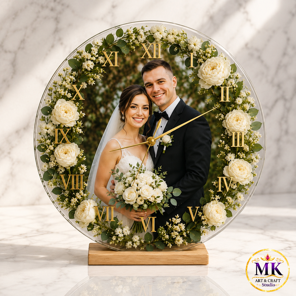 Elegant Floral Wedding Photo Wall & Table Resin Clock
