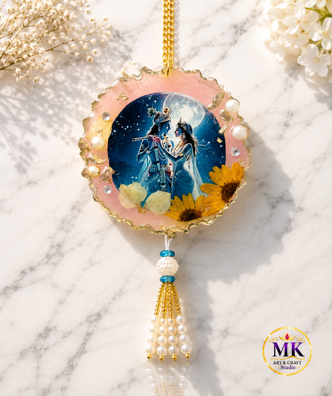 Moonlight Radha Krishna Floral Resin Car Hanging with Pearl Tassel