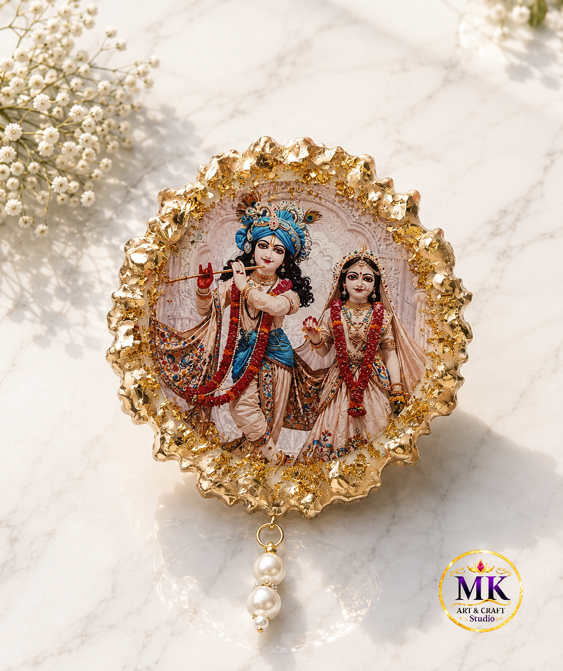 Ornate Gold Foil Radha Krishna Sacred Resin Car Hanging with Pearl Drop
