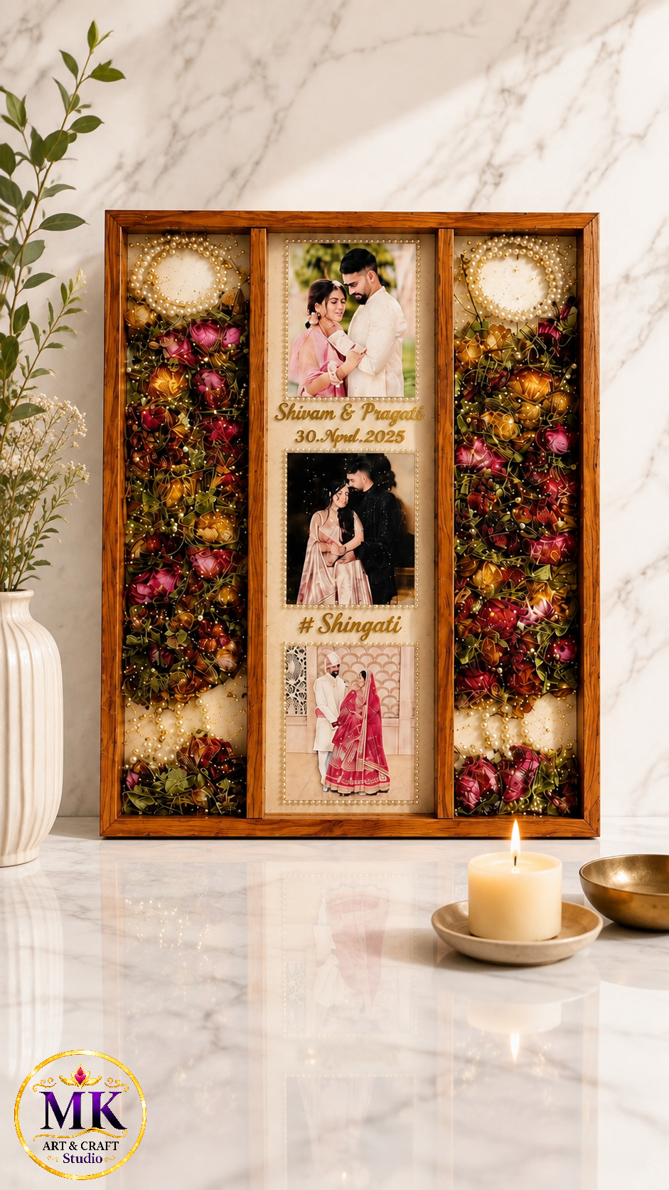 Triple Photo Varmala Preservation Wooden Resin Frame