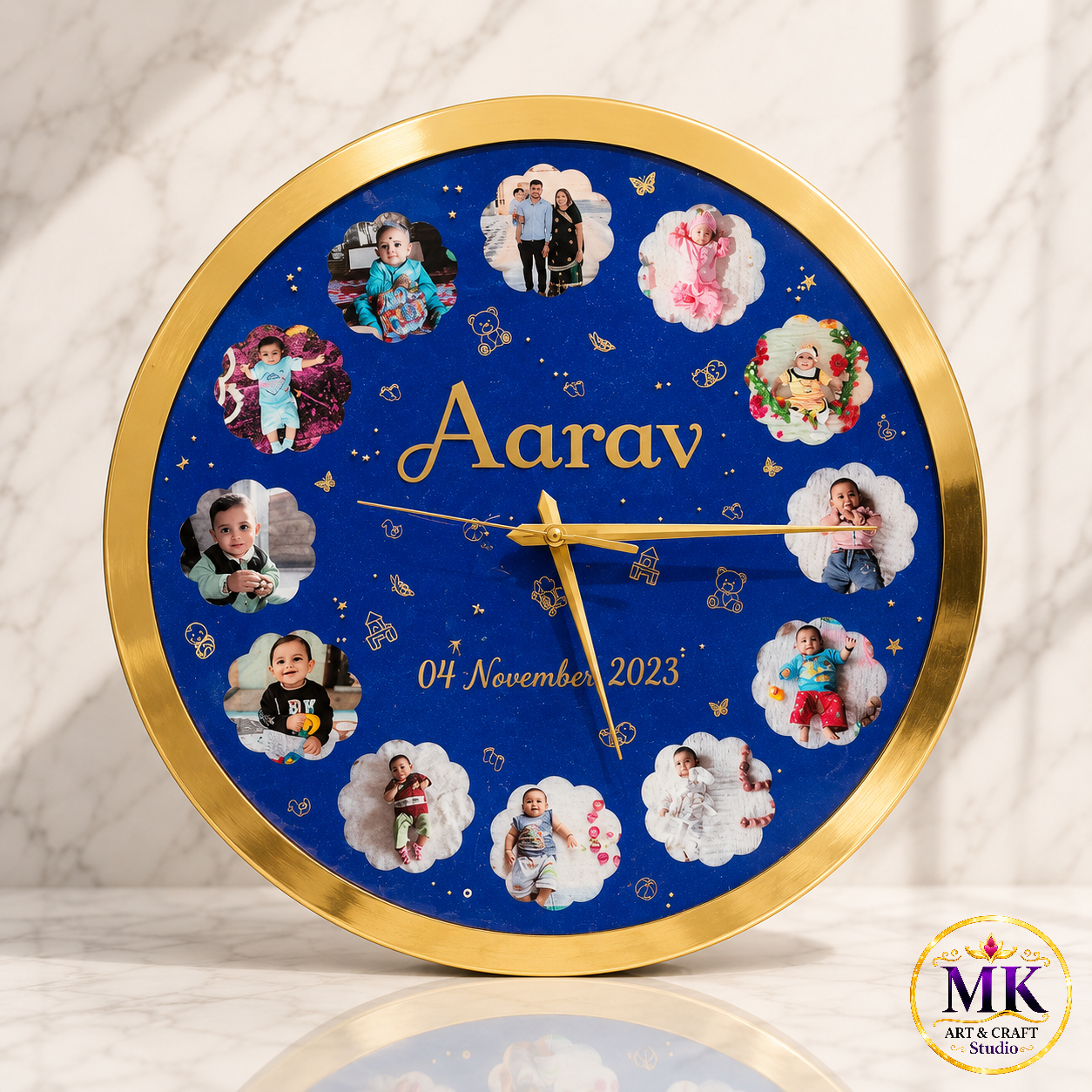 Royal Blue Gold-Framed Baby Milestone Resin Wall Clock
