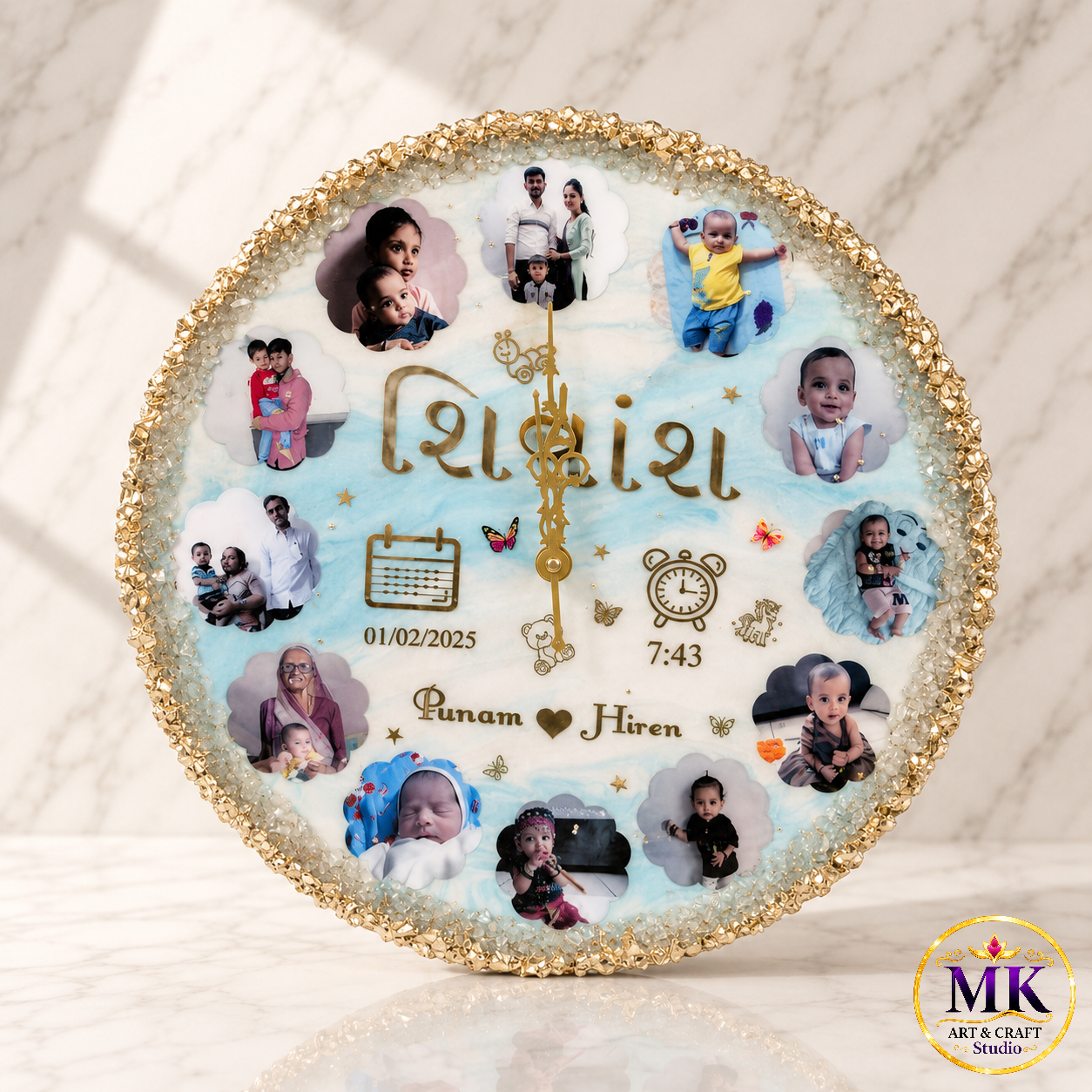 Sky Blue Gujarati Personalised Baby Milestone Resin Wall Clock