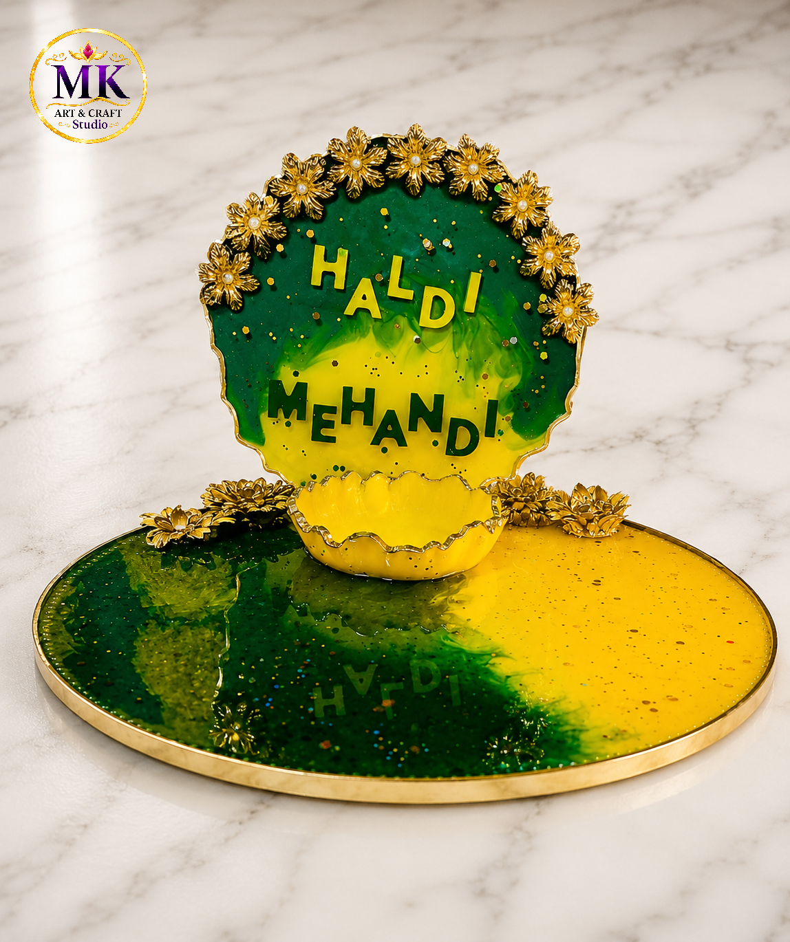 Personalized Green & Yellow Floral Haldi Ceremony Resin Platter Stand