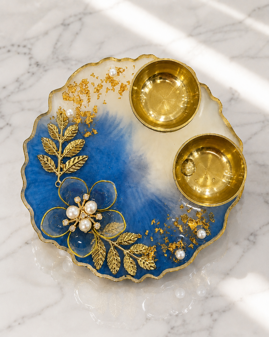 Blue Azure Gold Petal Pooja Plate
