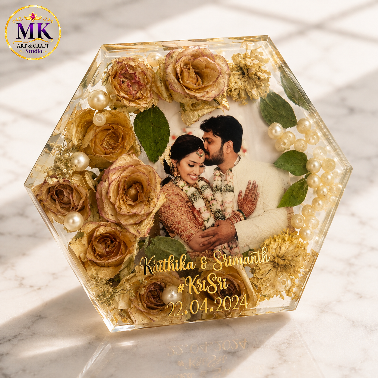Golden Blossom Preservation Hexagon Resin Frame