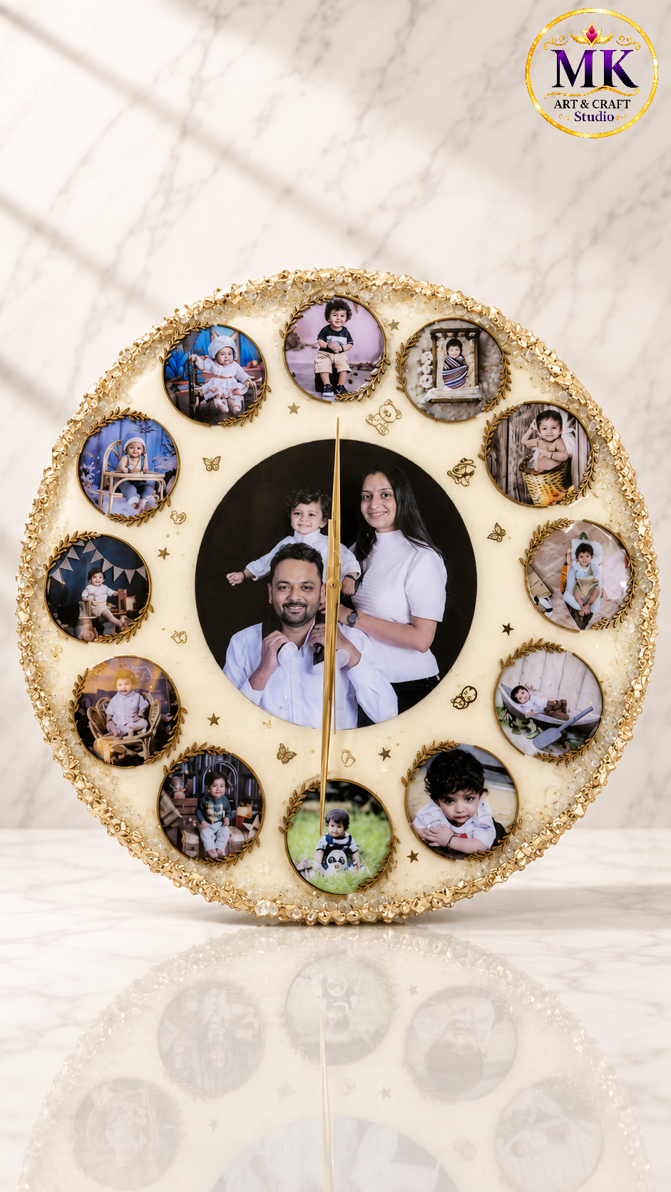 Pearl White Family Portrait & Baby Milestone Resin Wall Clock