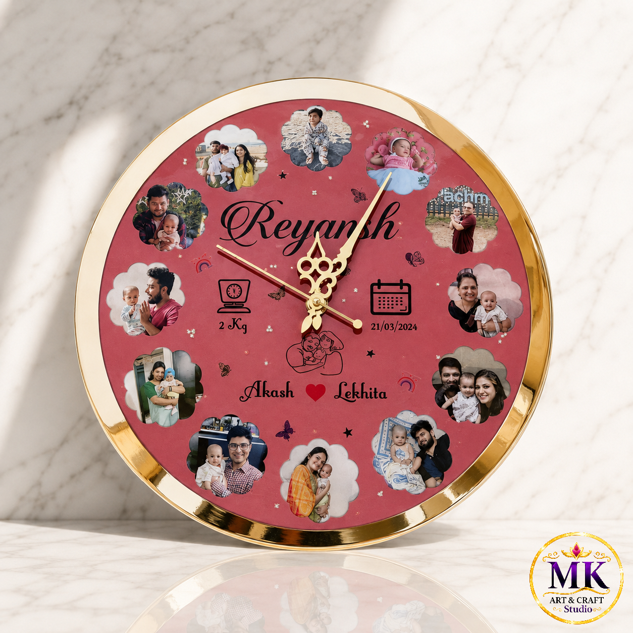 Crimson Red Gold-Framed Baby Milestone Resin Wall Clock