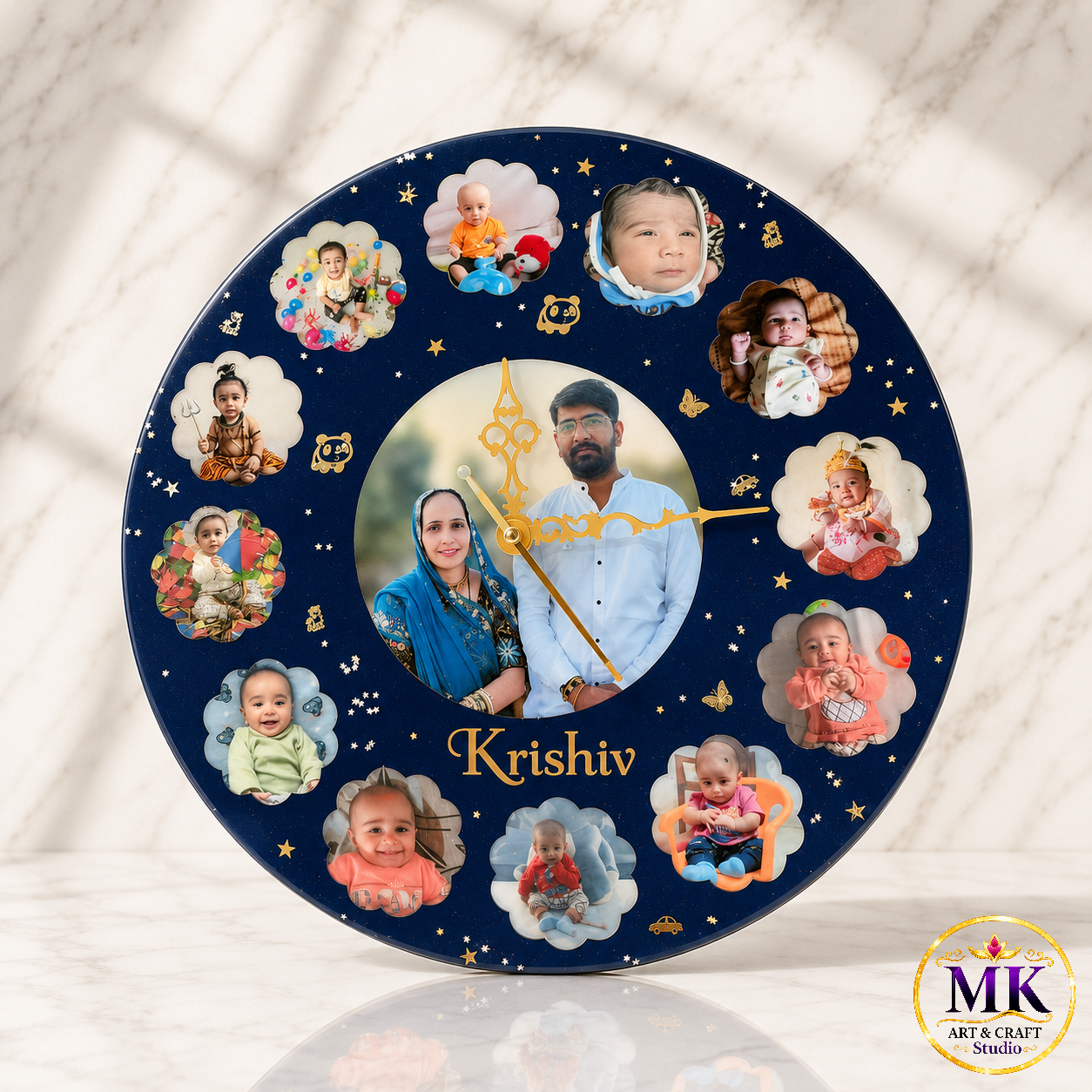 Midnight Blue Family Portrait & Baby Milestone Resin Wall Clock