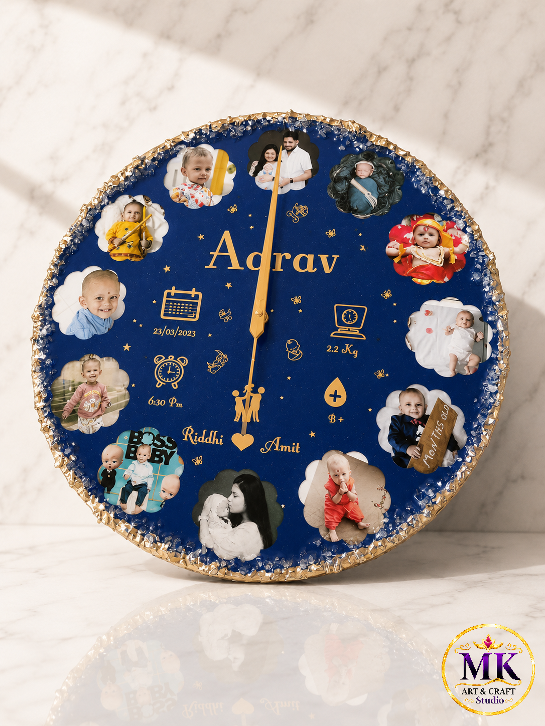 Royal Blue Gold-Crusted Baby Birth Milestone Resin Wall Clock