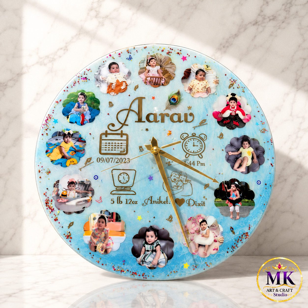 Sky Blue Peacock Feather Baby Milestone Resin Wall Clock