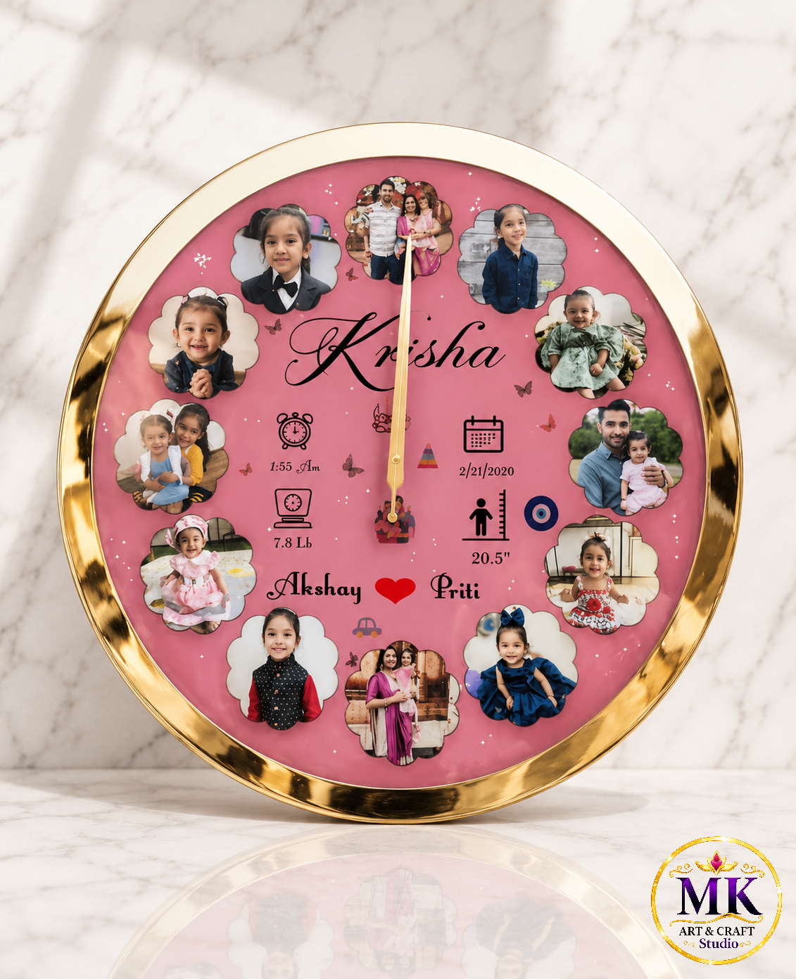 Blush Pink Gold-Framed Baby Milestone Resin Wall Clock