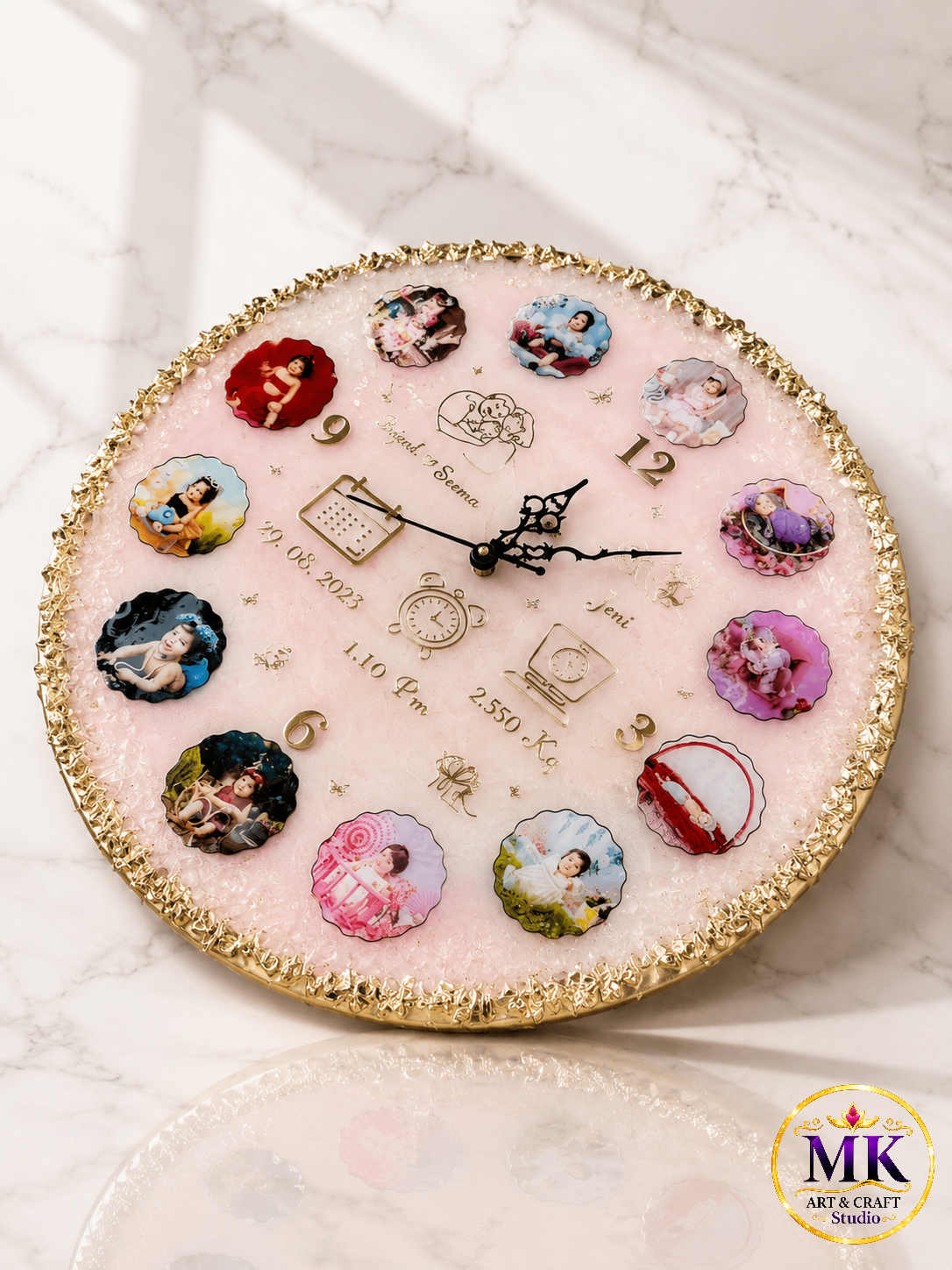 Soft Pink Gold-Crusted Baby Milestone Resin Wall Clock