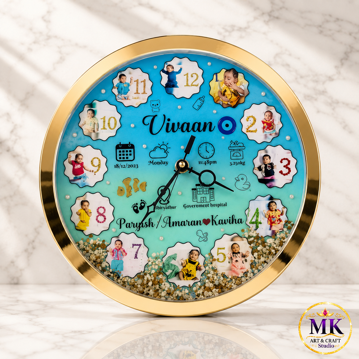 Sky Blue Dual-Tone Gold-Framed Baby Milestone Resin Wall Clock