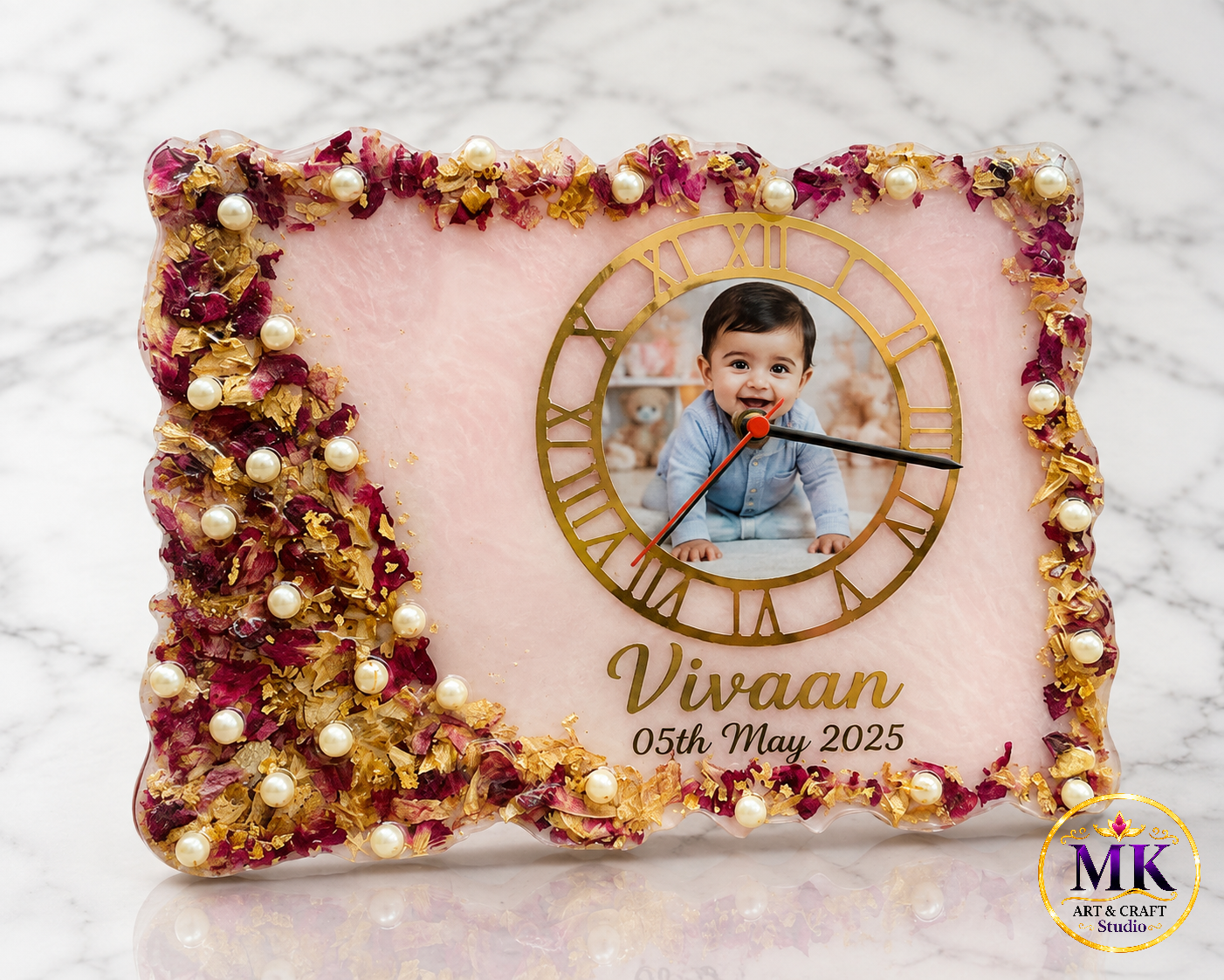 Rose Petal & Pearl Tabletop Photo Resin Clock