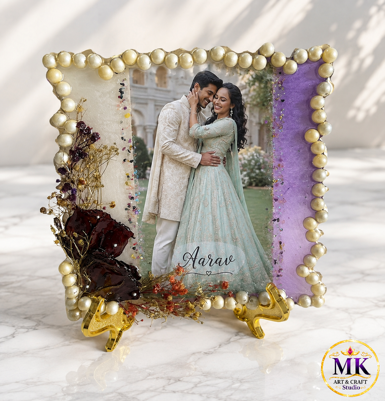 Dual-Tone Pearl-Bordered Couple Photo Resin Frame