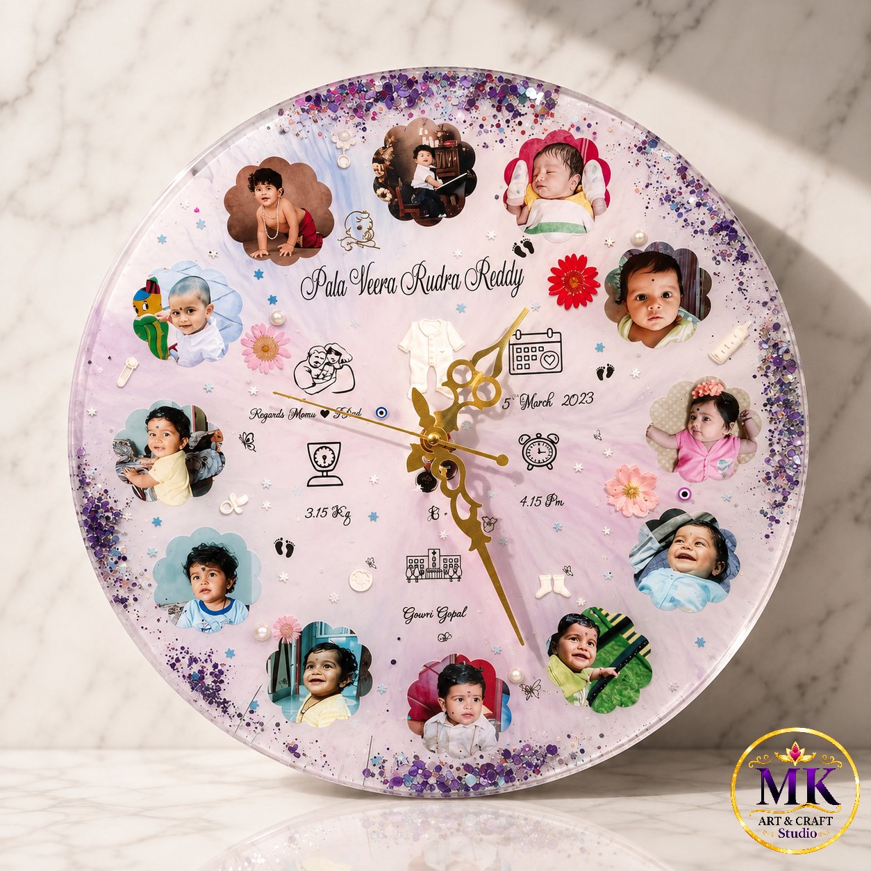 Lavender Pearl Purple-Glitter Baby Milestone Resin Wall Clock