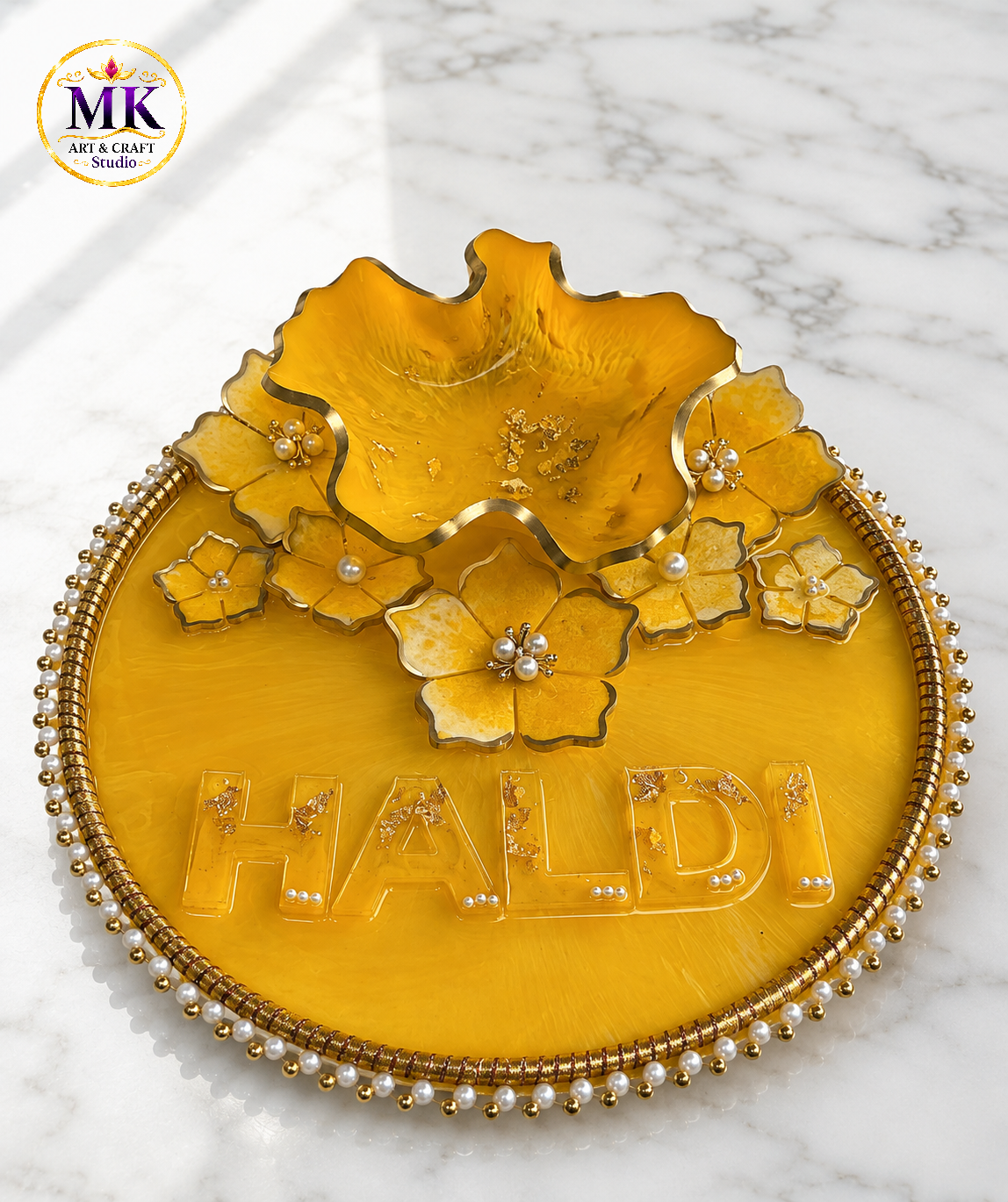 Personalized Sunshine Yellow Floral Haldi Ceremony Resin Platter