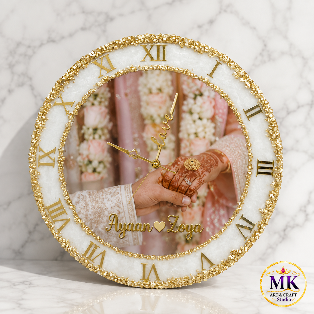 Royal Gold-Crusted Wedding Photo Resin Clock