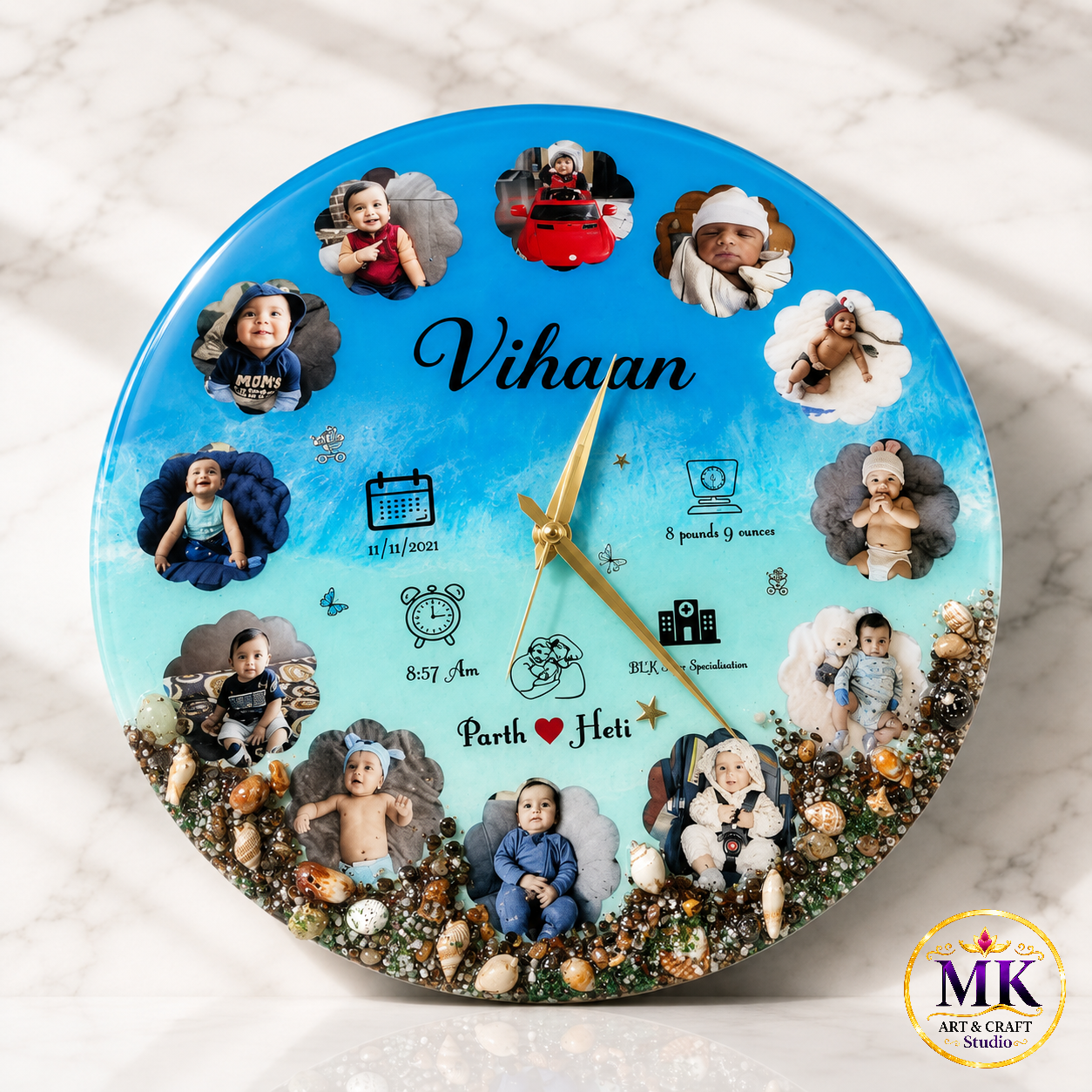 Ocean Blue Seashell Embellished Baby Milestone Resin Wall Clock