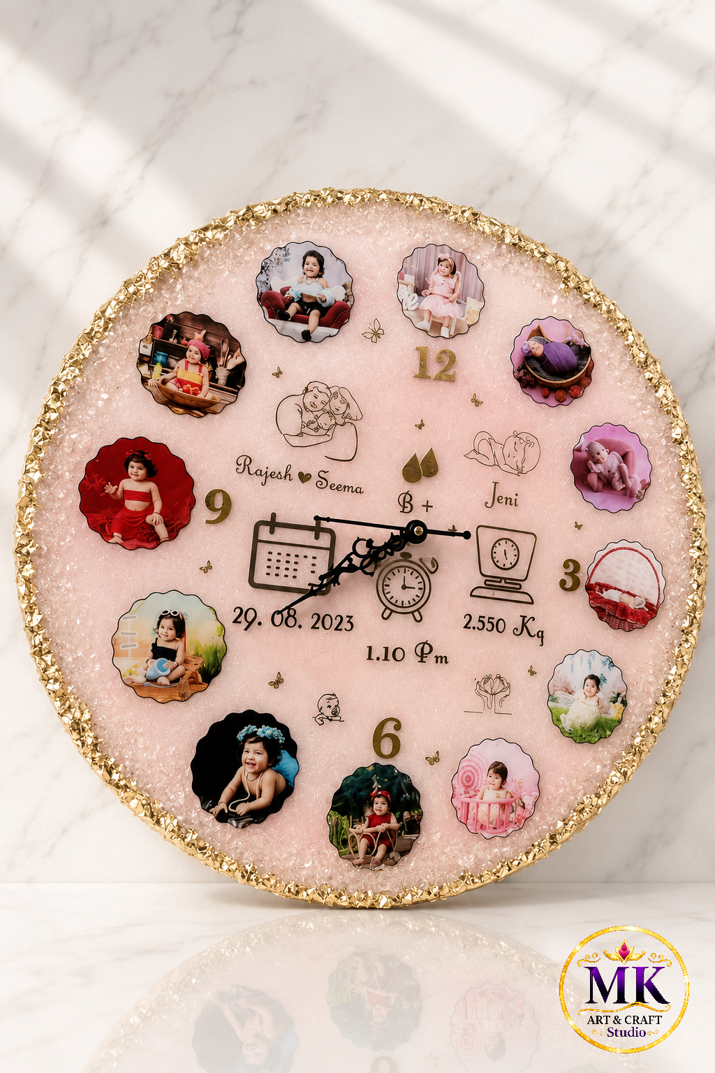 Soft Pink Gold-Crusted Baby Milestone Resin Wall Clock