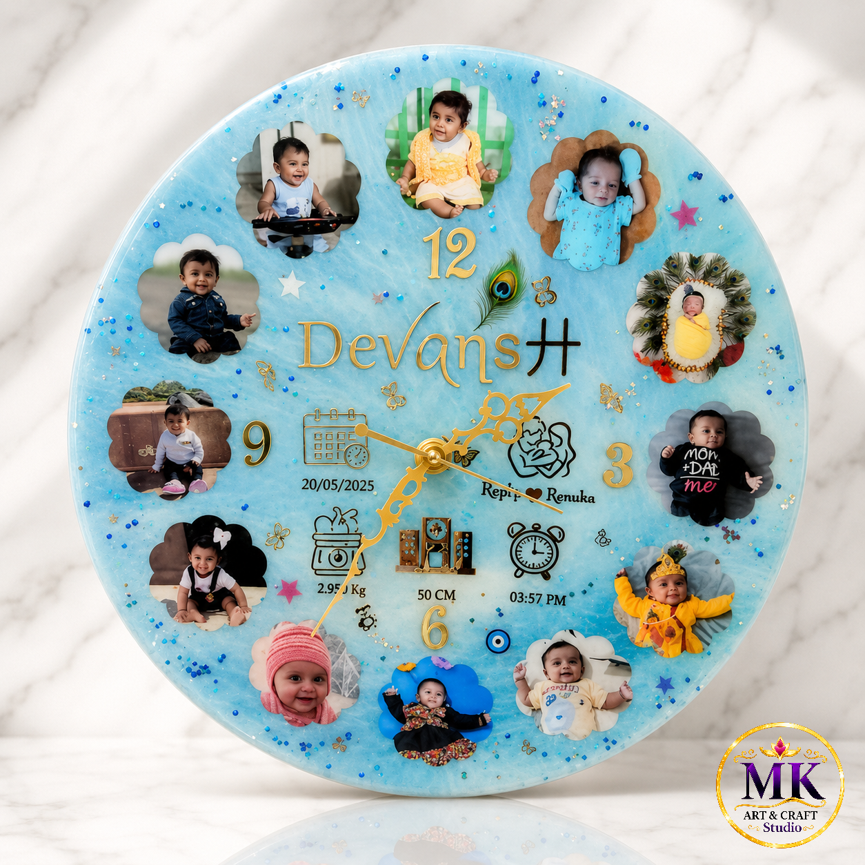 Sky Blue Peacock & Gold Baby Milestone Resin Wall Clock