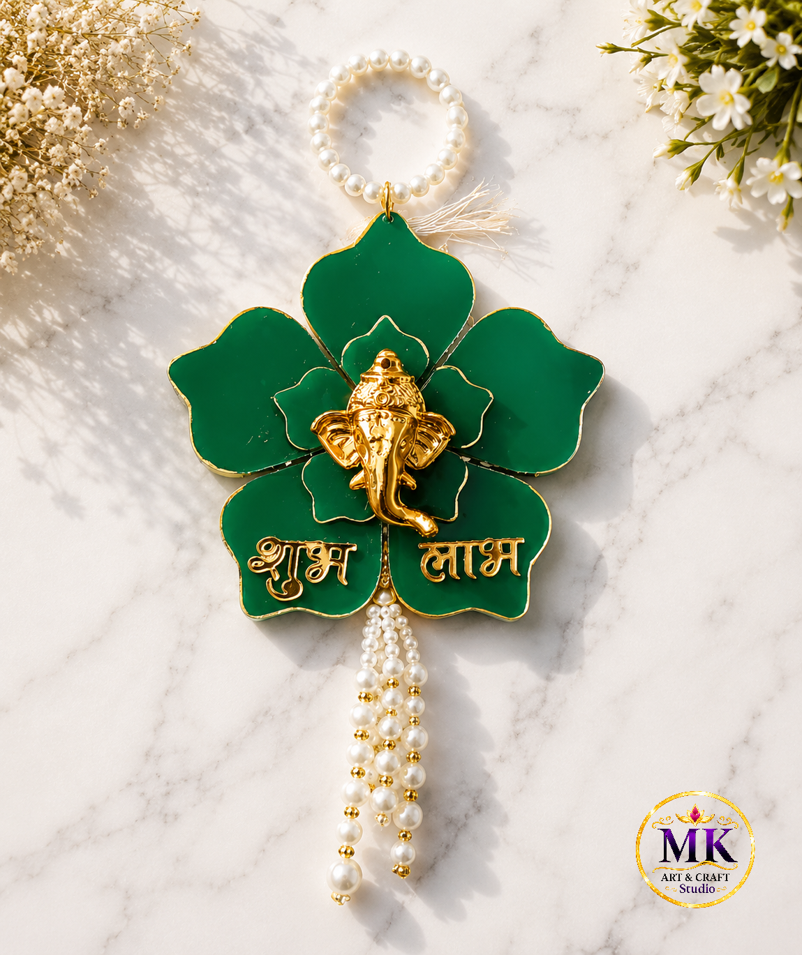 Emerald Floral Ganesha Shubh Labh Resin Hanging