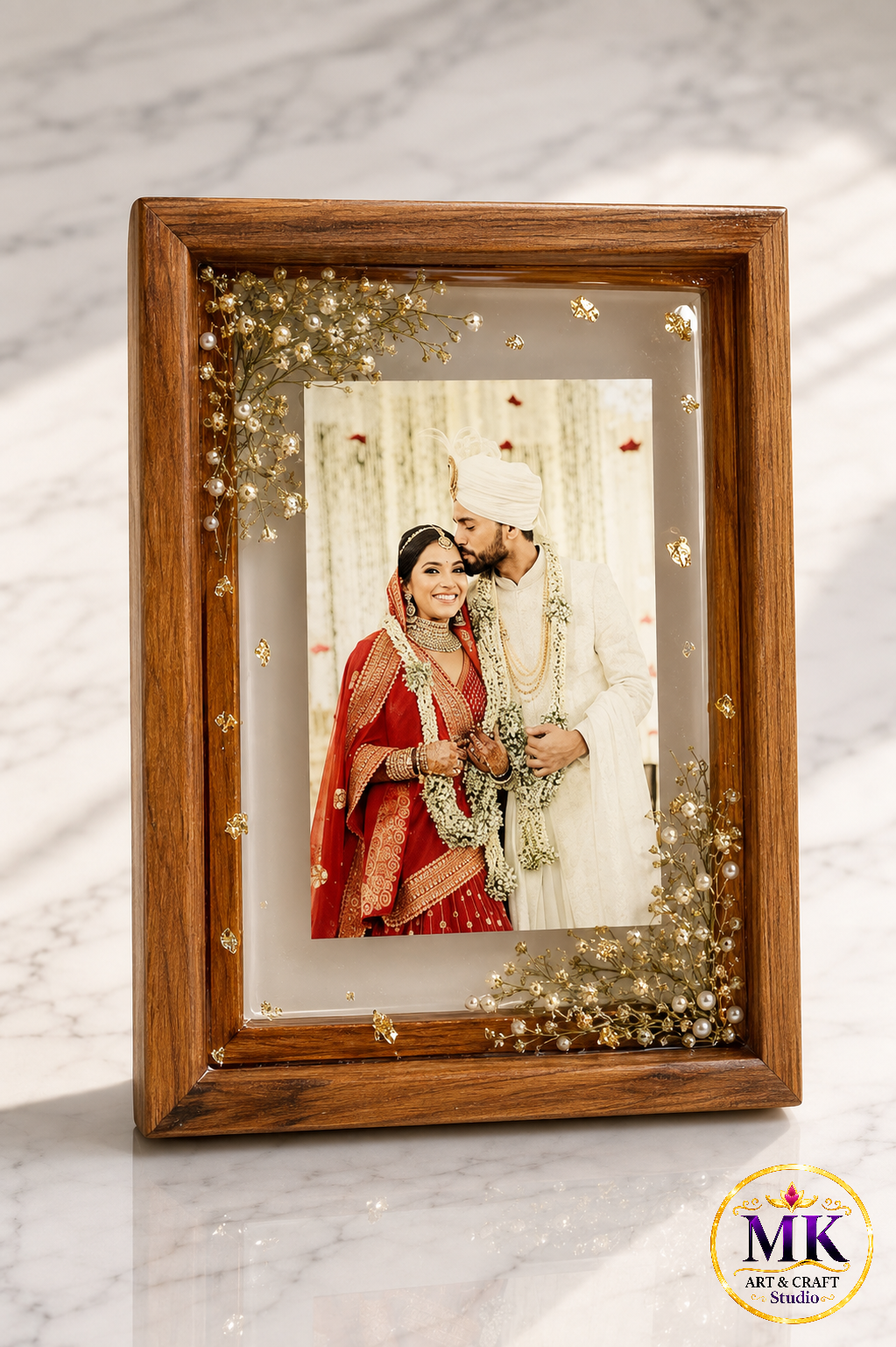 Classic Pearl & Floral Wedding Photo Wooden Resin Frame