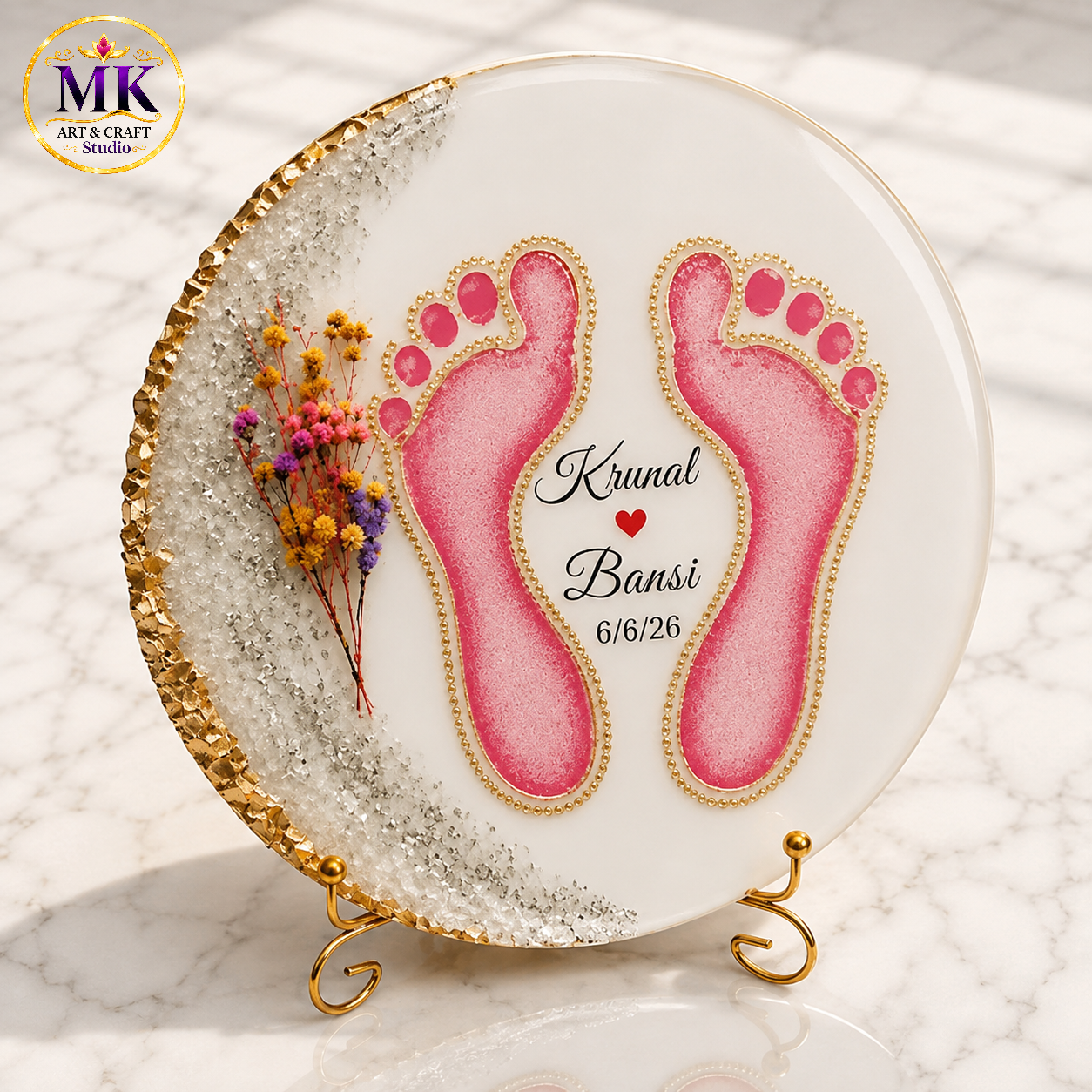 Golden Crystal Blossom Couple Footprint Resin Frame