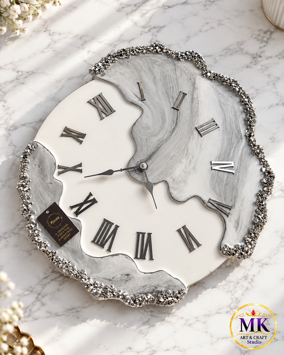Silver Quartz & Grey Marble Geode Resin Wall Clock