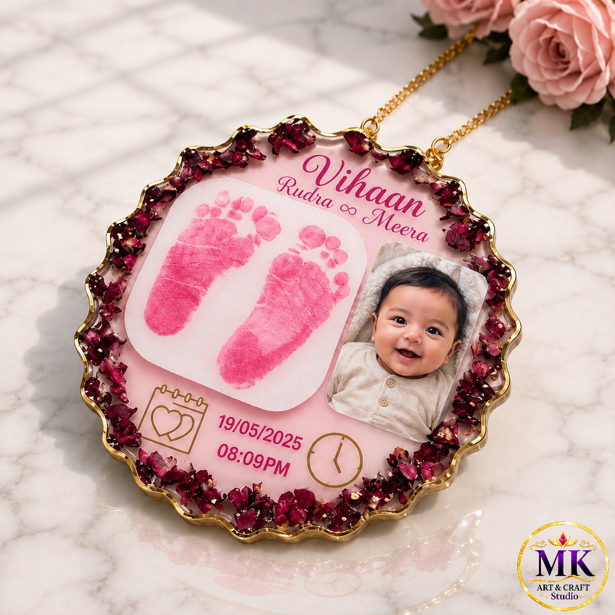 Rose Petal Baby Birth Keepsake Hanging Resin Frame