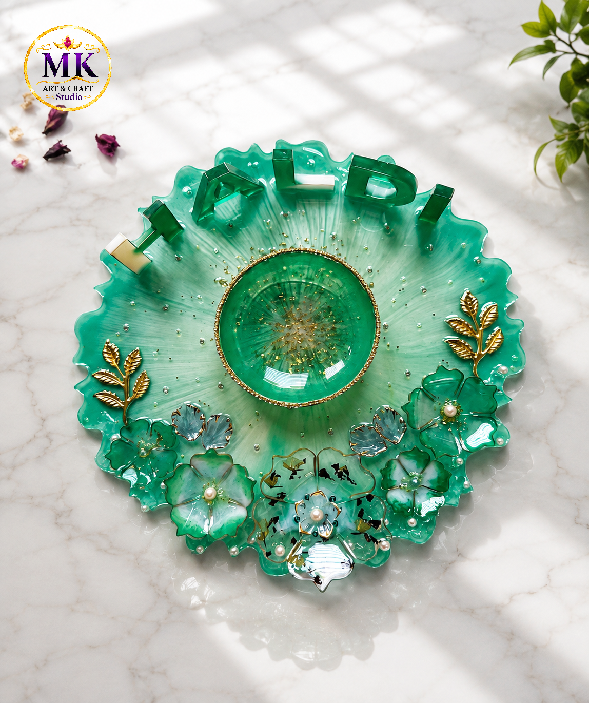 Personalized Sea Green Floral Haldi Ceremony Resin Platter