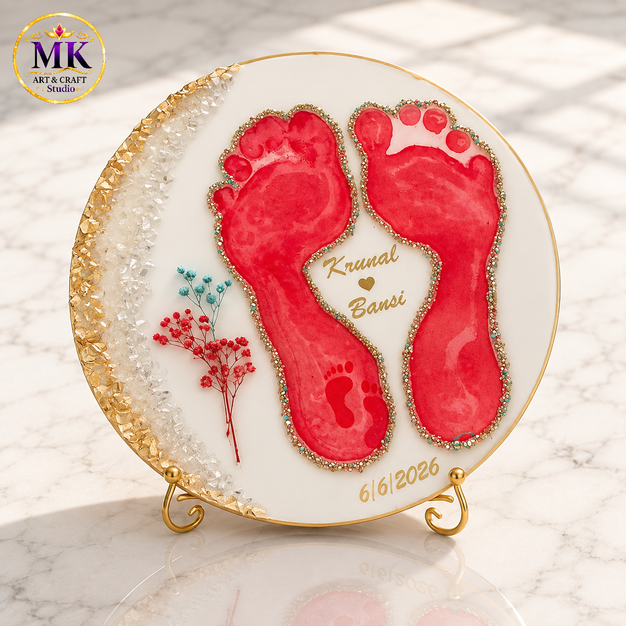 Crimson Crystal Couple Footprint Resin Frame