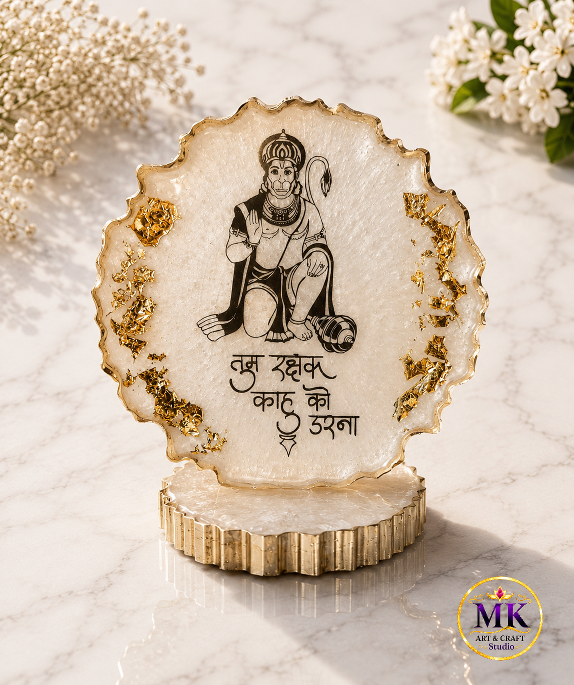 Lord Hanuman Gold Flake Devotional Resin Coaster with Stand