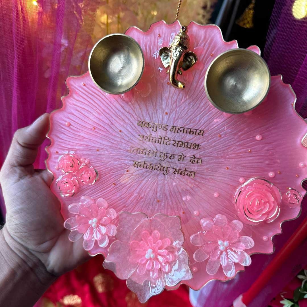 Handmade Resin Pooja Plate With Ganeshji and Flowers - Image 2