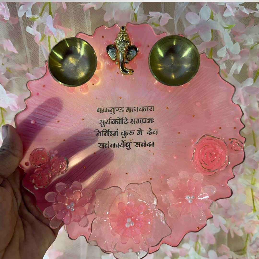 Handmade Resin Pooja Plate With Ganeshji and Flowers