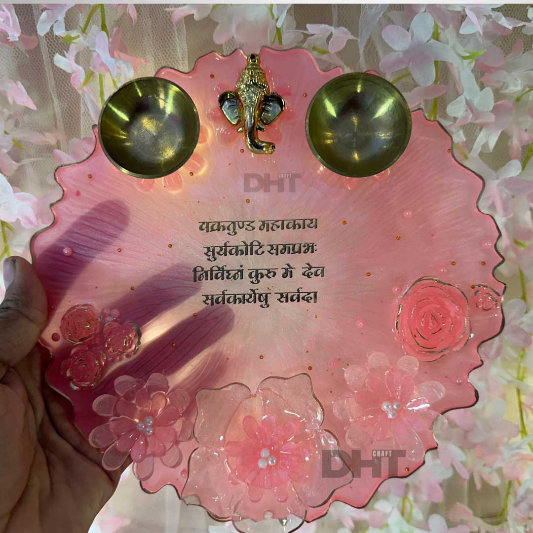Handmade Resin Pooja Plate With Ganeshji and Flowers