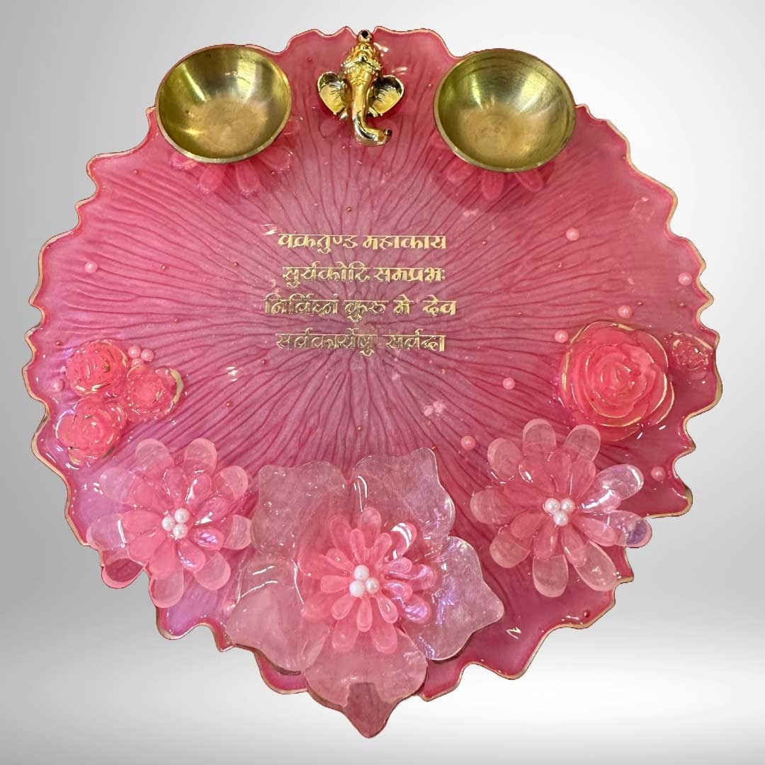 Handmade Resin Pooja Plate With Ganeshji and Flowers - Image 3