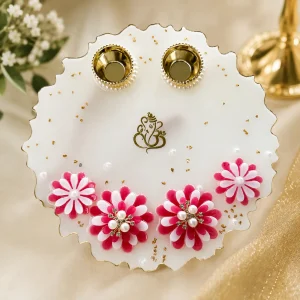 Handmade Resin Ganesha Pooja Thali with Kumkum & Akshat Bowls | Decorative Floral Pooja Plate