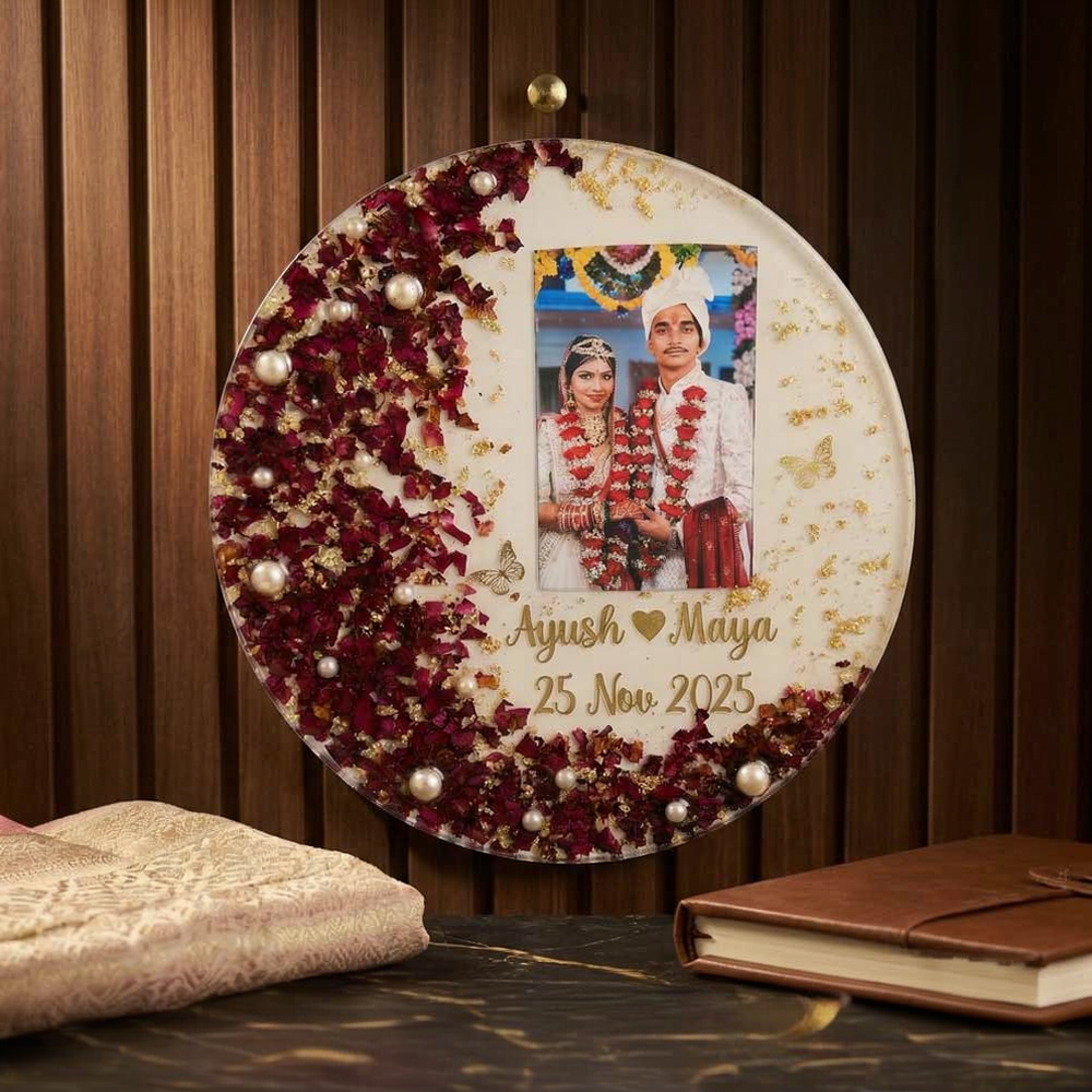 Custom Resin Photo Frame with Real Varmala Flowers