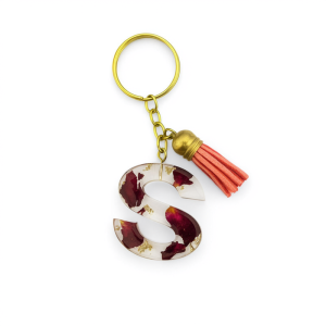 Resin Letter S Keychain with Rose Petals