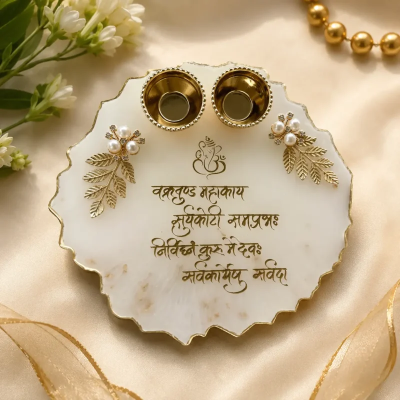Resin Tilak Thali with Ganesh Mantra | Handmade Pooja Plate – 6,8 & 10 Inches