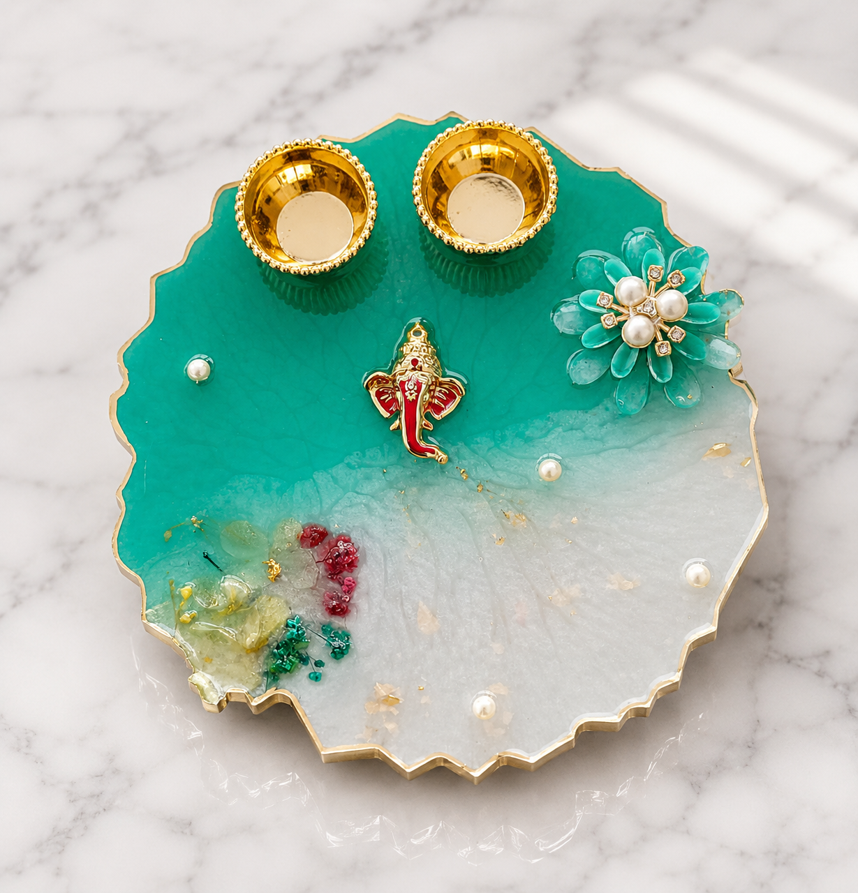 Emerald White Flower Aura Pooja Plate