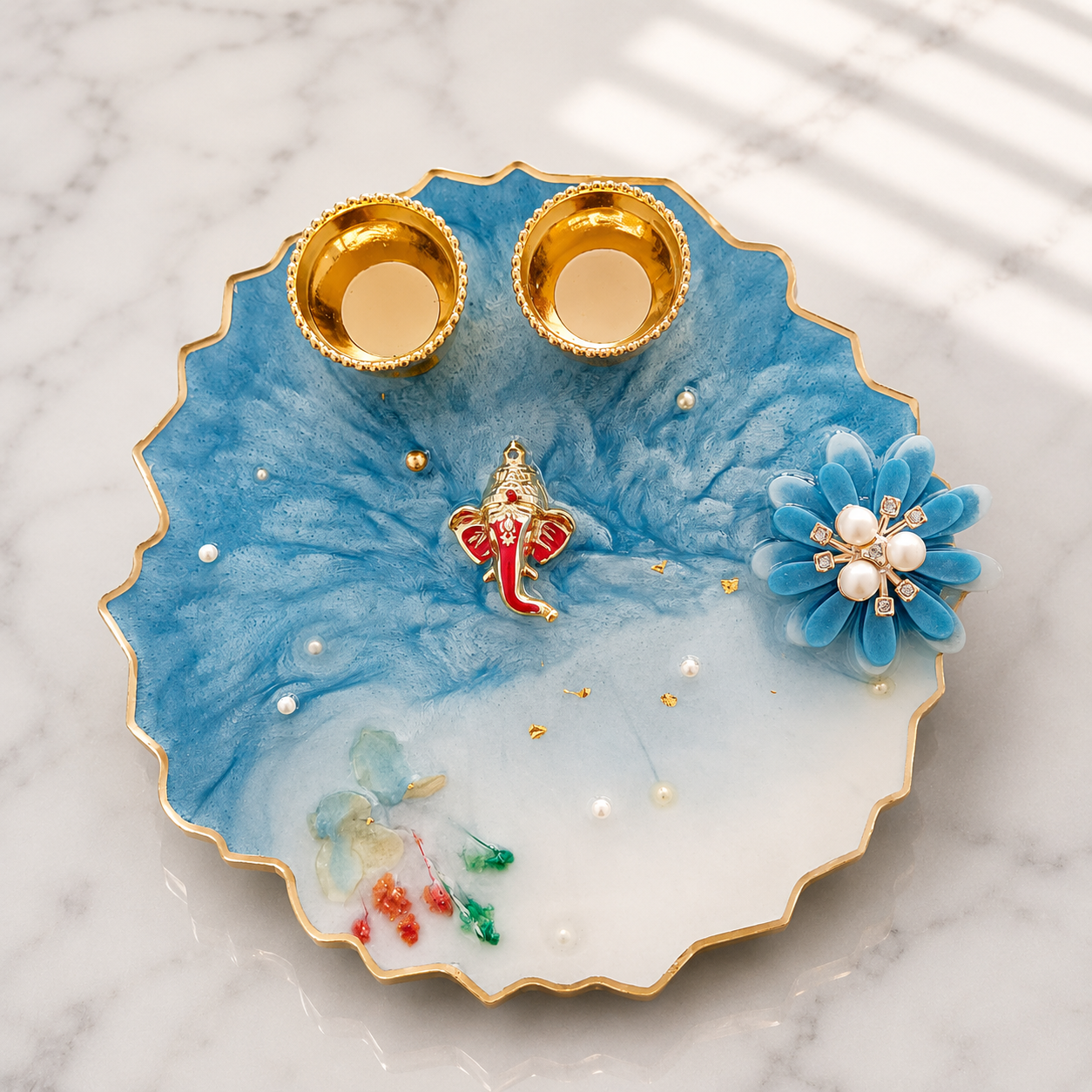 Skyblue Gold PearlsResin Pooja Plate