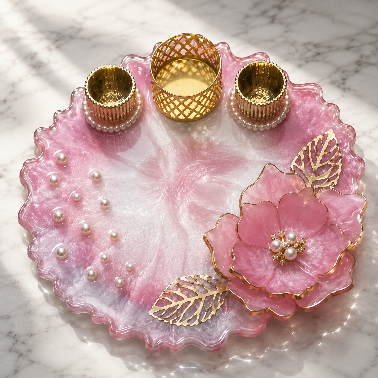Pearl Blossom Rose Resin Pooja Plate