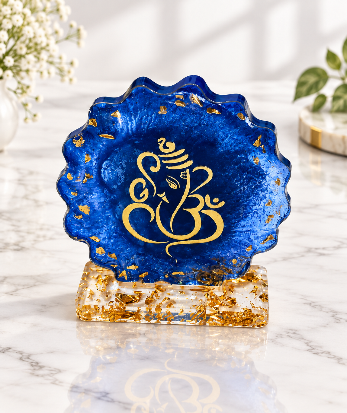 Royal Blue Ganesha Gold Leaf Resin Coaster with Stand