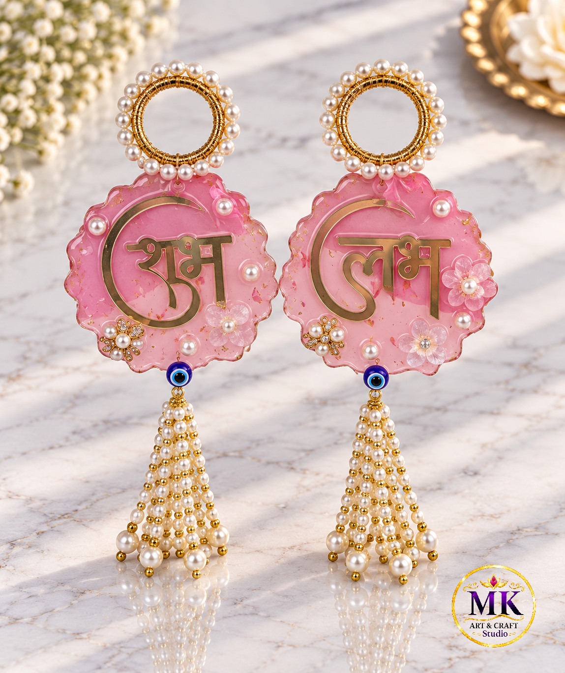 Handcrafted Pink Resin Shubh Labh Hanging Set with Pearl Tassels & Evil Eye