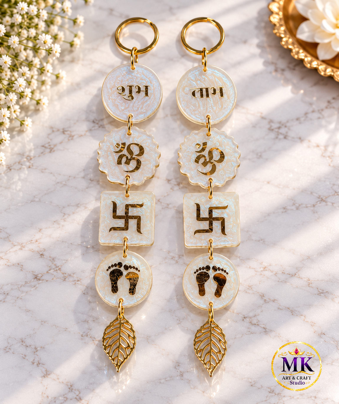 Handcrafted Pearlescent Resin 4-Tier Shubh Labh Wall Hanging Set with Leaf Charms