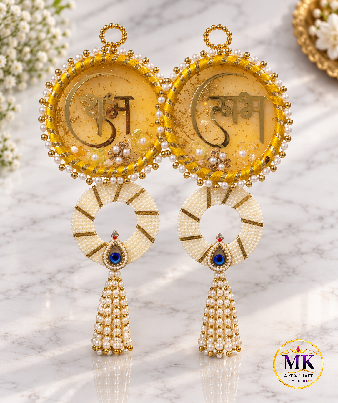 Handcrafted Yellow & Gold Resin Shubh Labh Hanging Set with Pearl Wreaths